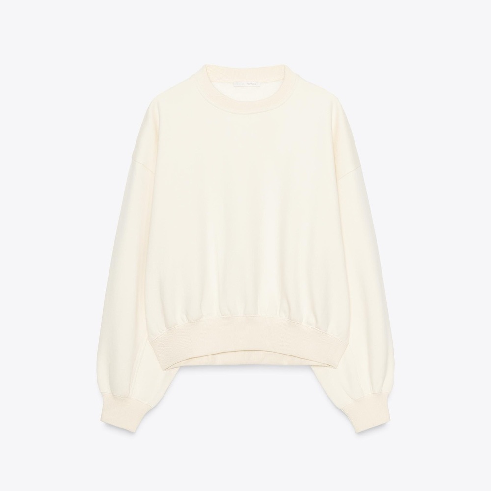 Zara Off-White Ribbed Crewneck Top Sweatter basic